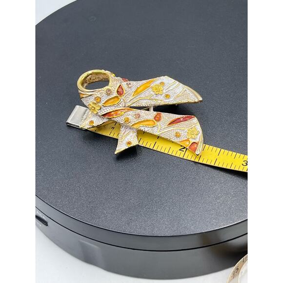 BSK Vintage Gold Tone Orange Yellow Enameled Flower Rhinestone Encrusted Brooch - Picture 12 of 13